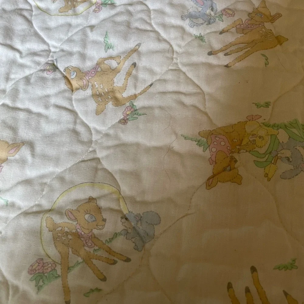 Vintage Bambi Baby Quilt Blanket Yellow‎ Ruffle Trim Nursery Decor 42 x 66